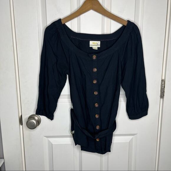 Anthropologie Maeve Black Button Down 3/4 Sleeve Belt Blouse Size 0 - Picture 1 of 5